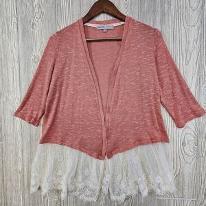 Absolutely Famous Pink Knit Cardigan Lace‎ Trim Romantic Boho Sweater Medium